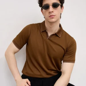 Chocolate Brown Striped Weave Polo Tee