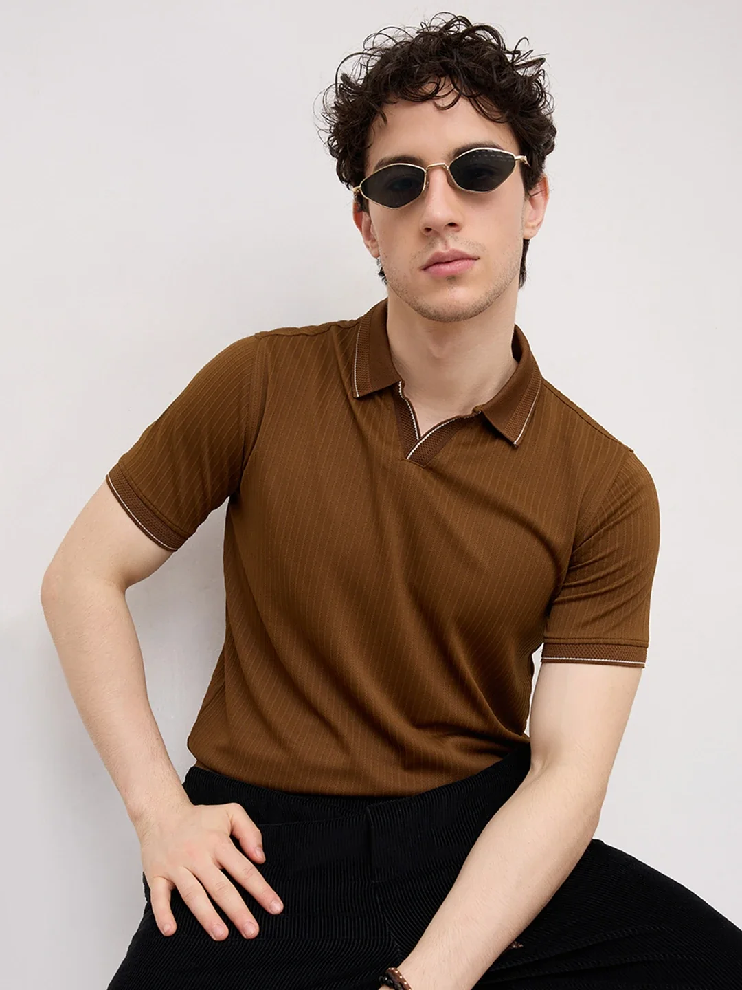 Chocolate Brown Striped Weave Polo Tee