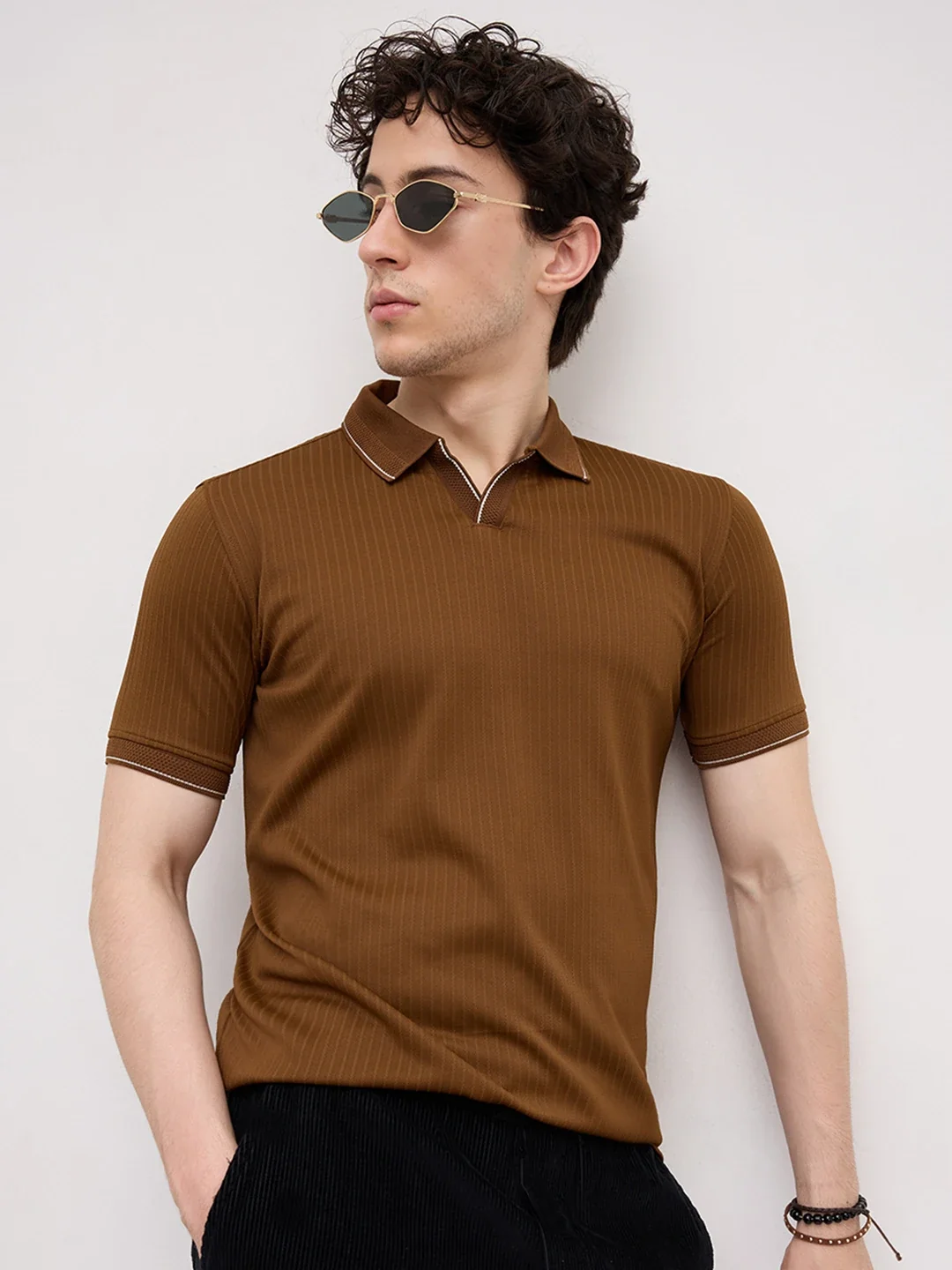 Chocolate Brown Striped Weave Polo Tee