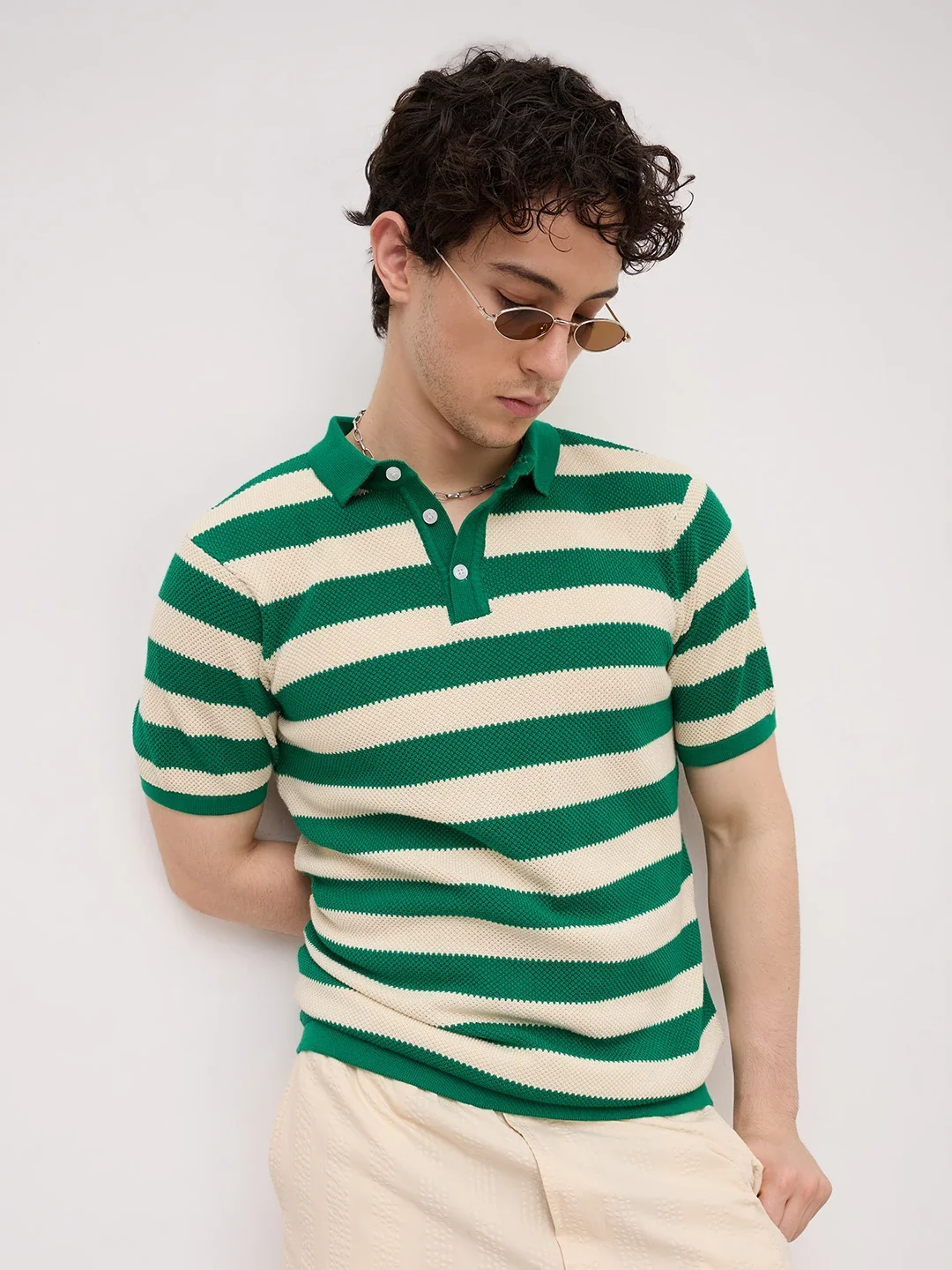 Emerald Green Coast Striped Flat Knit Polo T-Shirt