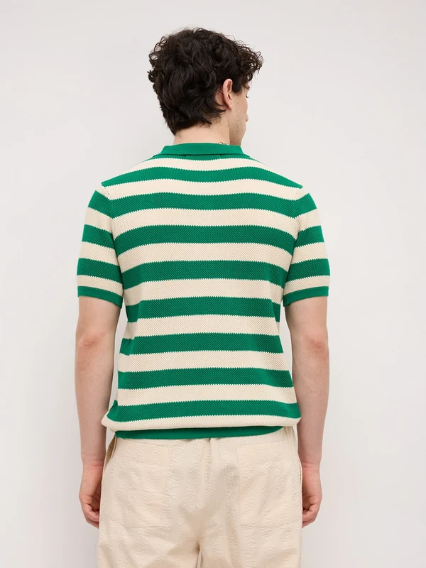 Emerald Green Coast Striped Flat Knit Polo T-Shirt