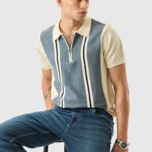 Light Beige Stripes Slim Fit Polo T-Shirt