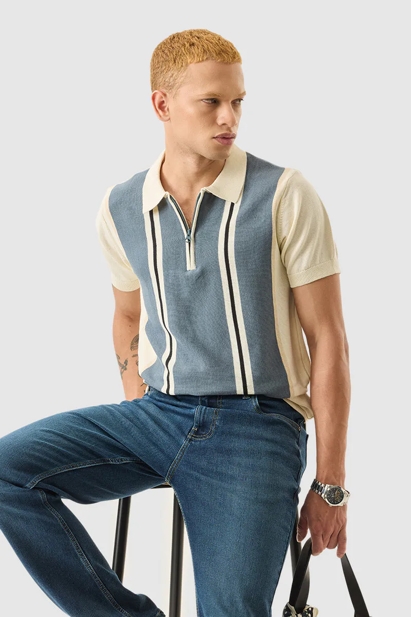 Light Beige Stripes Slim Fit Polo T-Shirt