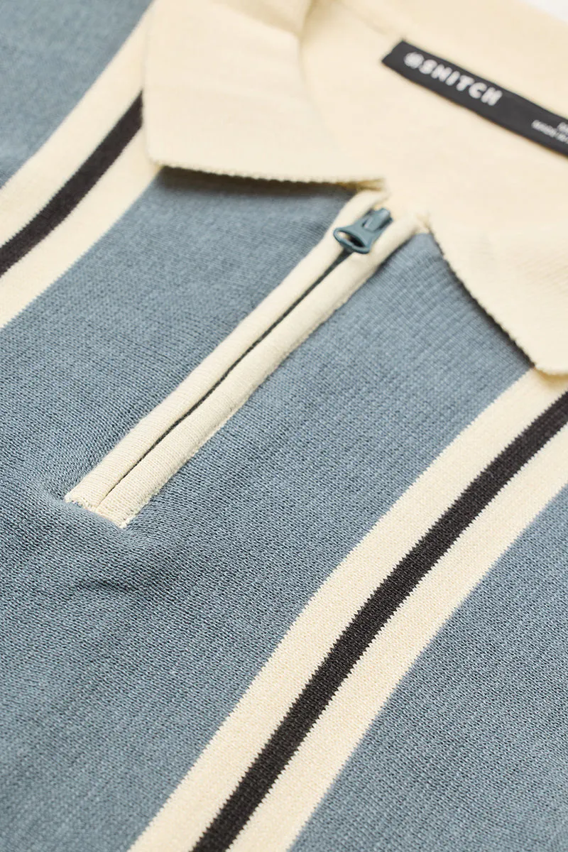 Light Beige Stripes Slim Fit Polo T-Shirt