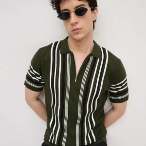 Deep Olive Vertical Striped Flat Knit Zip Polo T-Shirt