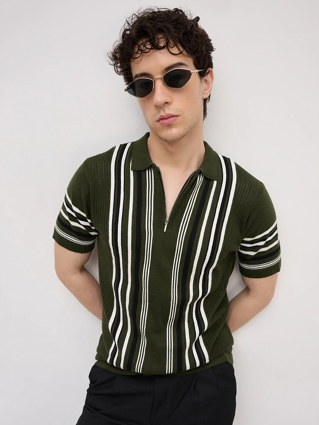 Deep Olive Vertical Striped Flat Knit Zip Polo T-Shirt