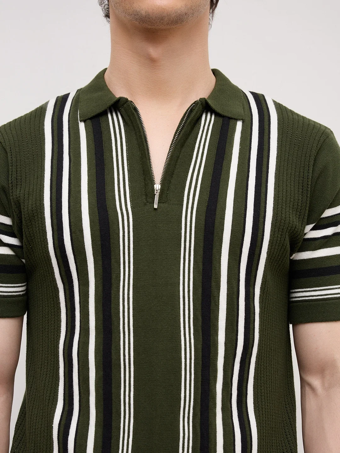 Deep Olive Vertical Striped Flat Knit Zip Polo T-Shirt