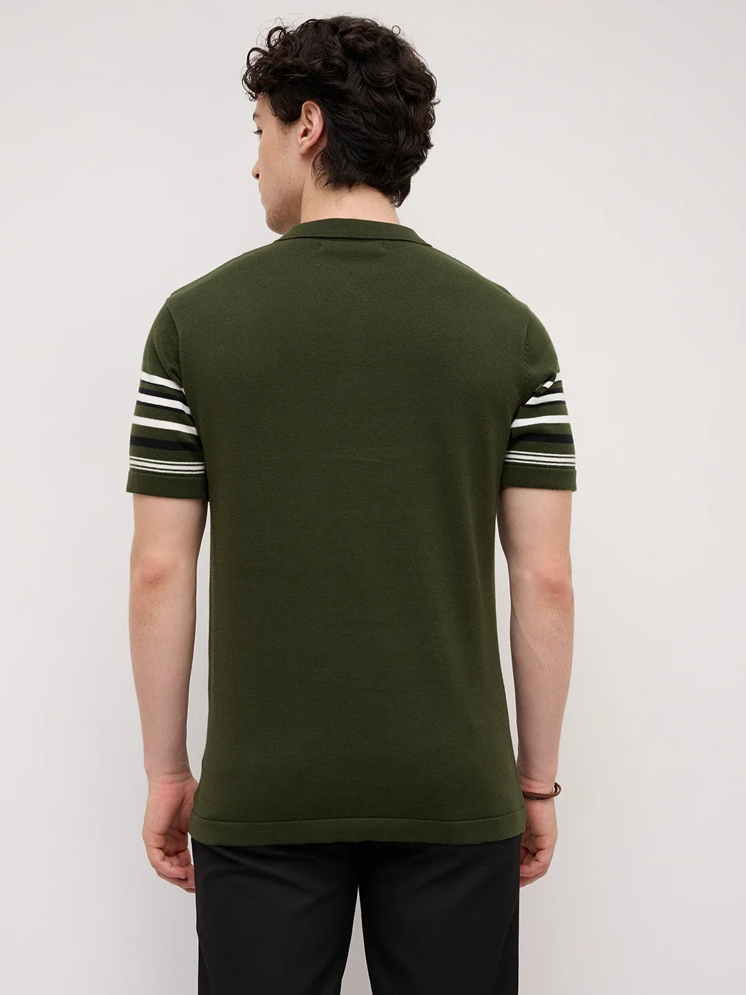 Deep Olive Vertical Striped Flat Knit Zip Polo T-Shirt