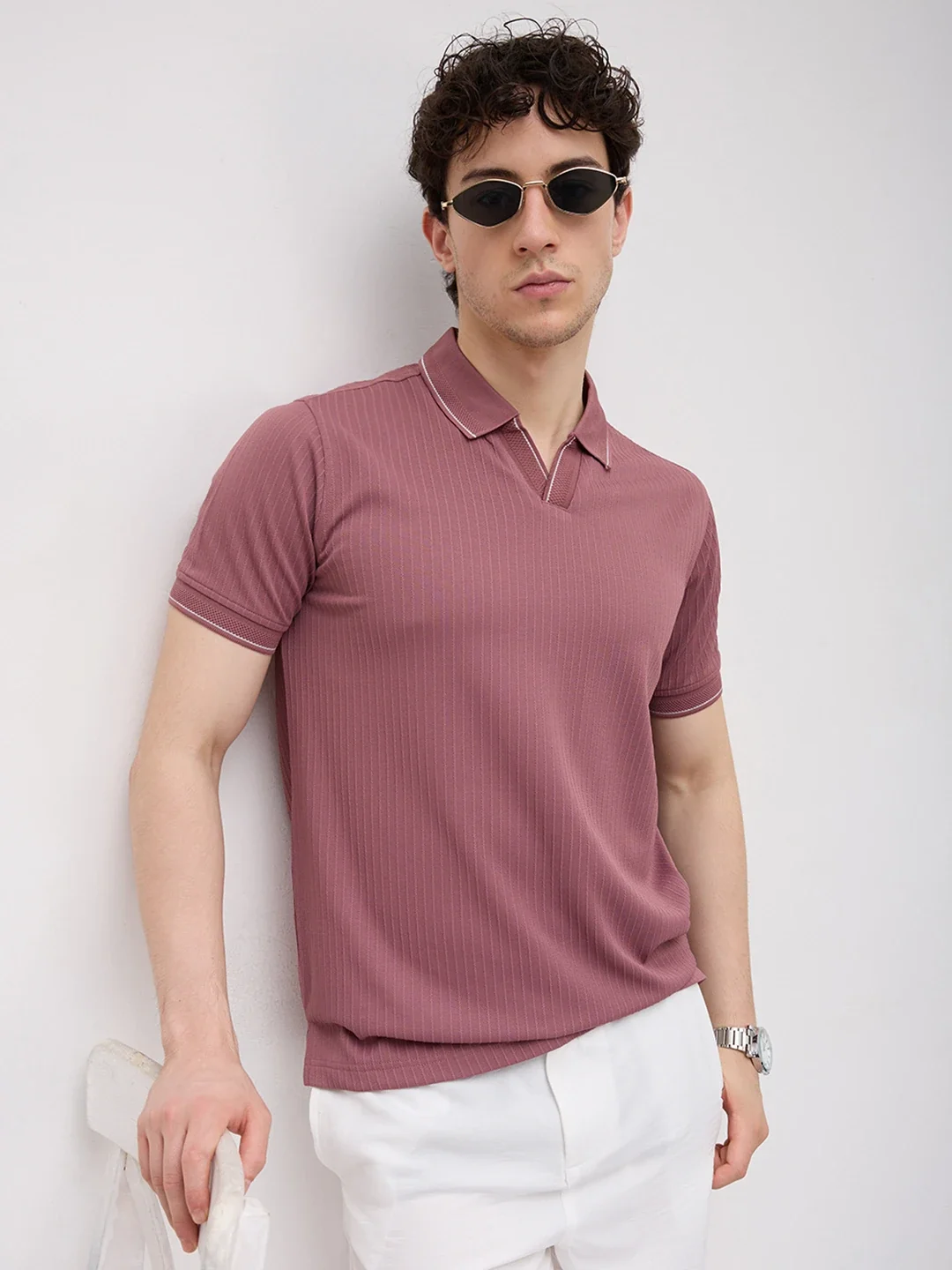 Rosewood Rib Striped Weave Polo Tee